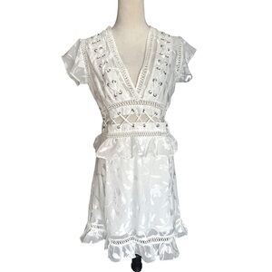 Aqua white lace up cut out peplum v-neck printer white floral dress